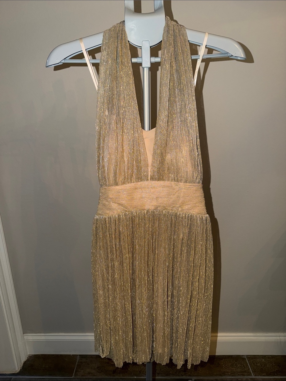 Alexia Admor for Boston Proper Gold Metallic Plunge Halter Mini Dress